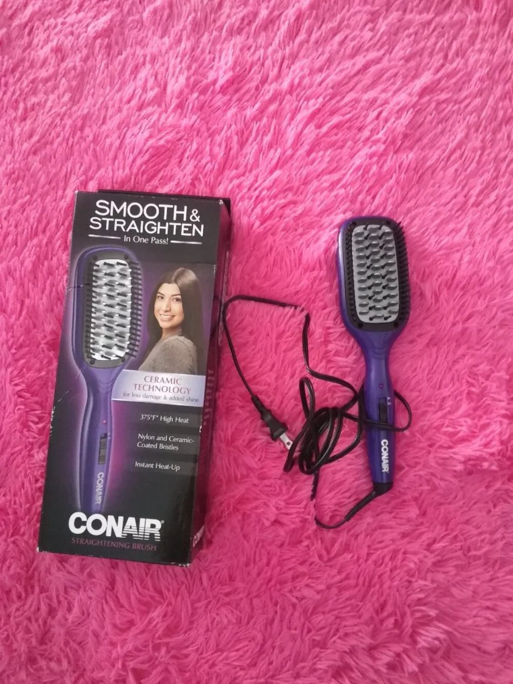 Conair Ceramic Straightener Brush, heats up to 375, Nylon and Ceramic Coated Bri